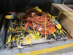 LOT TO INCLUDE: MISC. EXTENSION CORDS, Y CONNECTORS, ADAPTERS, SURGE PROTECTORS, HANGING LIGHTS. LOADING & HANDLING FEE $15-4136